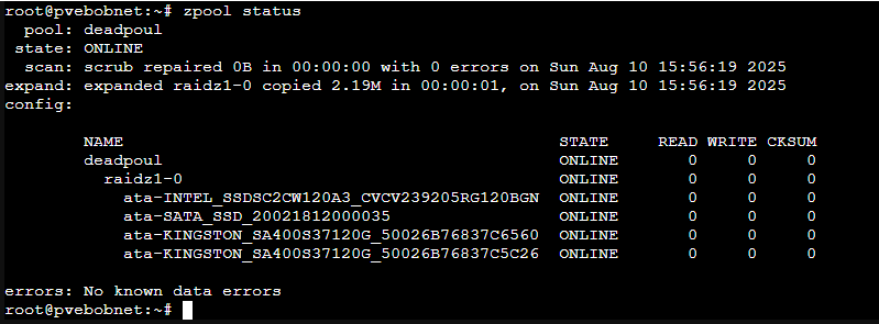 a picture of a command line with the result of zpool status showing 4 disk drives